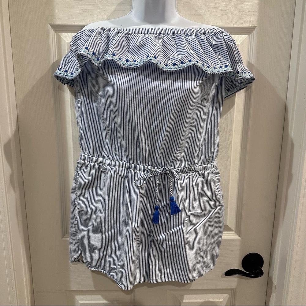 Vineyard Vines Strapless Ruffle Embroidered Romper with Tassels med
